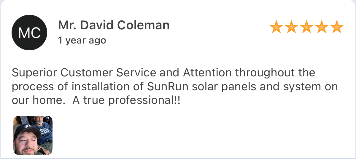 Five-star review from David Coleman: superior customer service and attention throughout the installation process, a true professional
